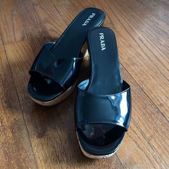 Prada Black Patent Leather and Cork Wedges - Picture 1 of 7